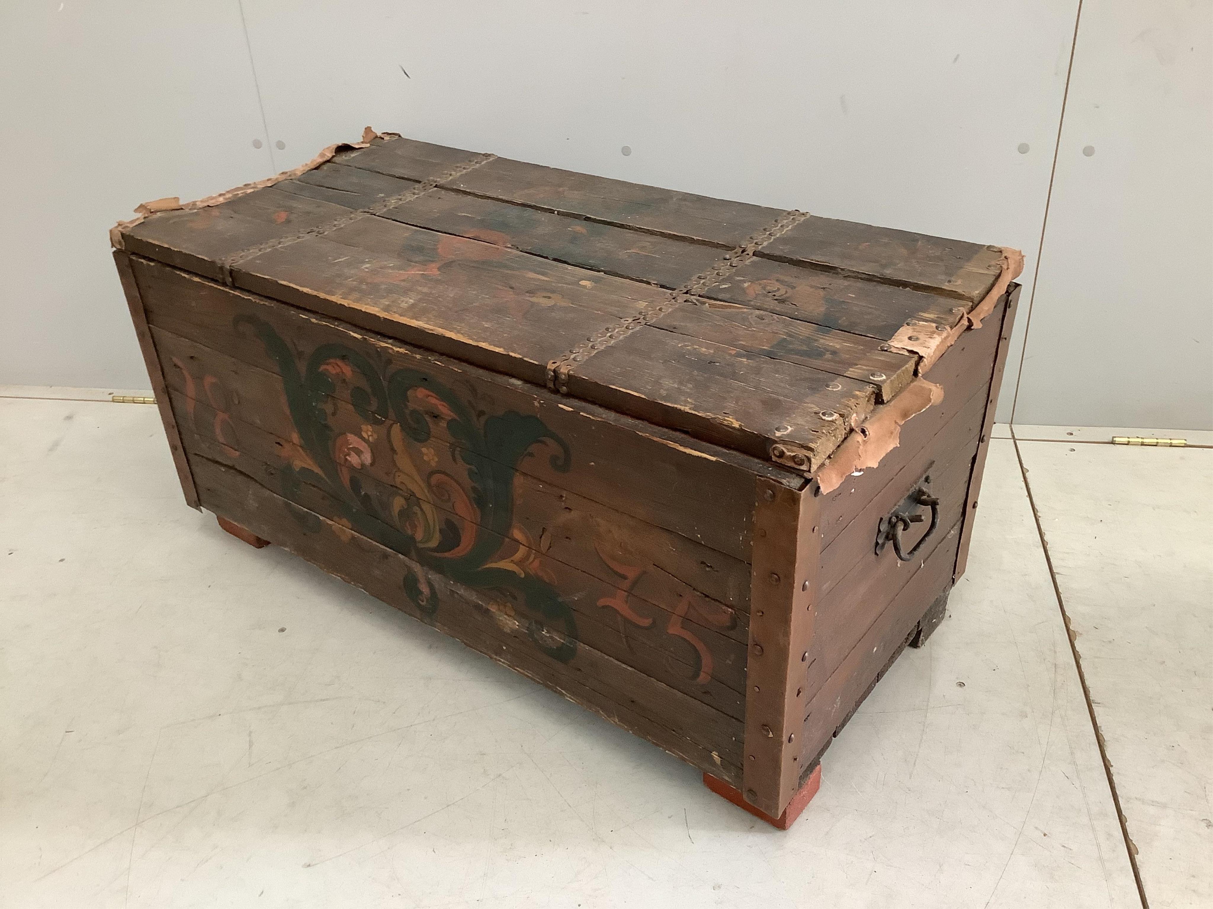 A Dutch painted wood trunk, width 100cm, depth 49cm, height 50cm